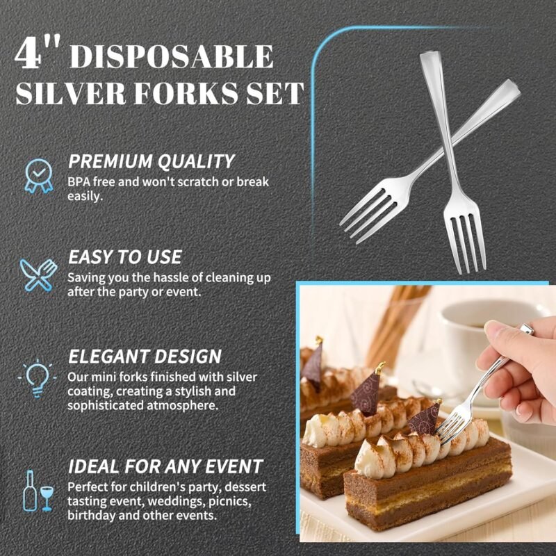 Mini Silver Forks 4 Inch (100-Count) Disposable Plastic Appetizer Fork for Cocktail Hors D'oeuvres, Dessert Cups, Charcuterie Board, Wedding Reception - Image 3