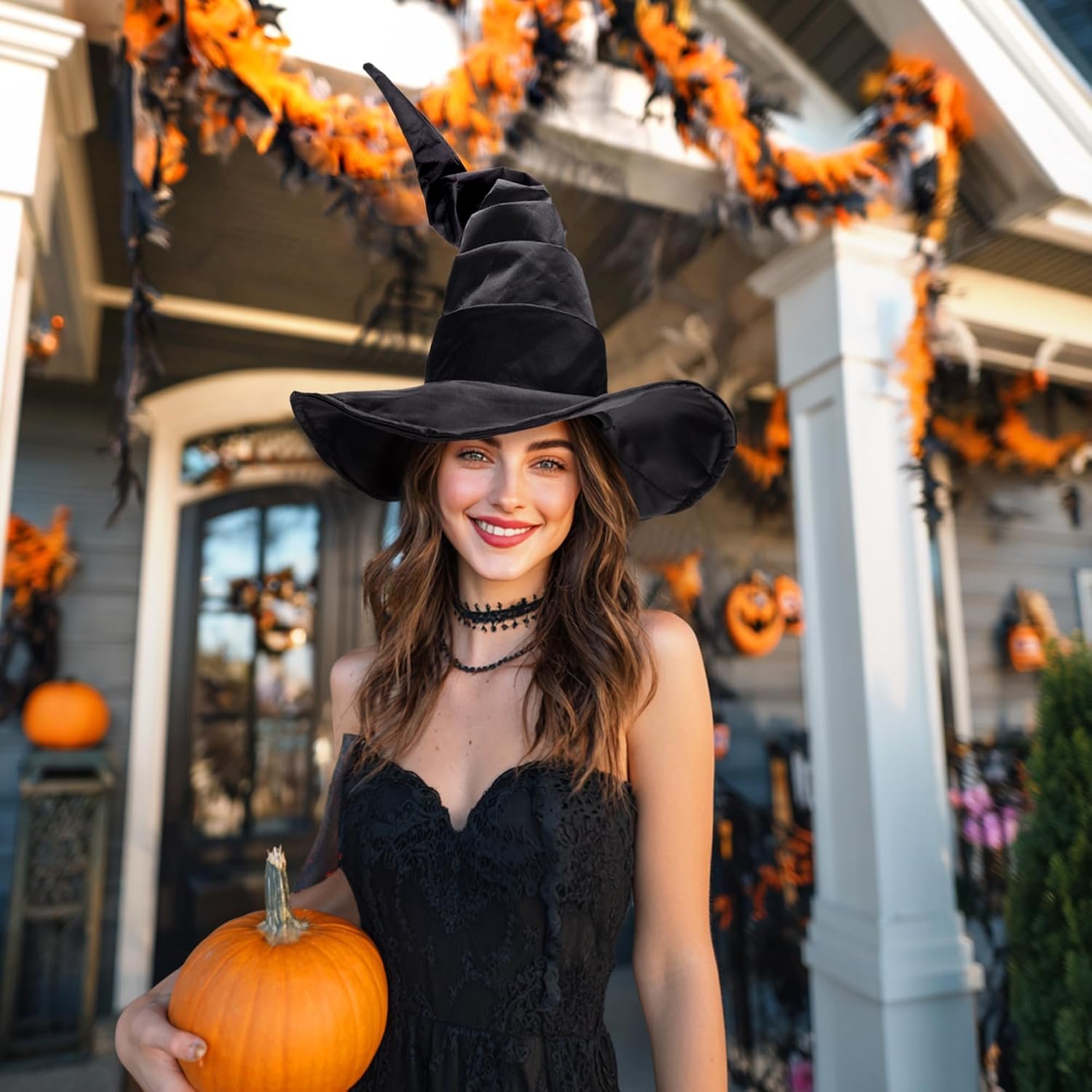 Ibeauti Women Halloween Witch Hat Long Ruched Black Witch Costume Hat Accessory - Image 2