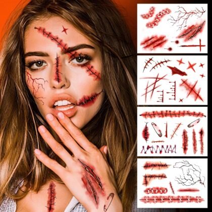 Cerlaza Halloween Decorations, Zombies Fake Scars Temporary Tattoos Halloween Makeup Kit, Horror Movie Large Scar Wound Tattoo Party Accessories, Scary Chucky Vampire Costumes for Adults Kids