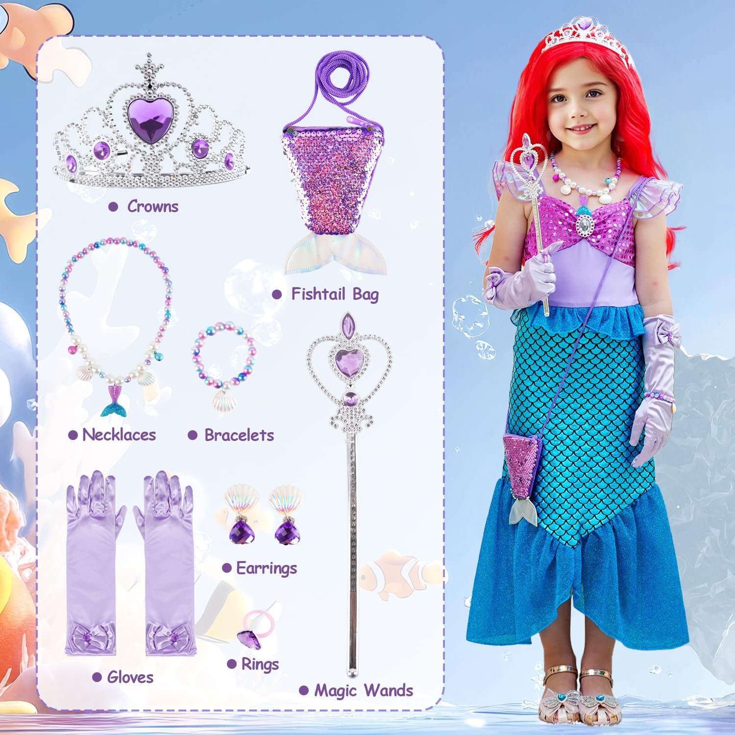 Girls Little Mermaid Costume Princess Dress Up Set with Wig Accessories for Halloween Cosplay Party 3-7 Years - Image 2
