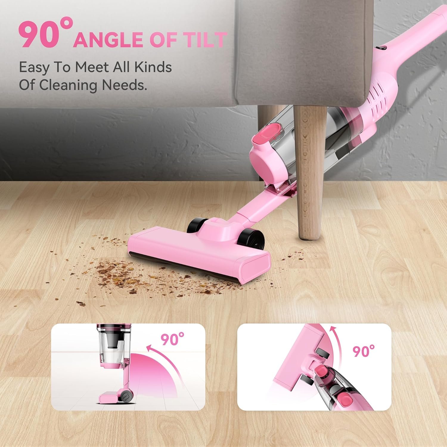 Vazone R6X Corded Stick Vacuum Cleaners for Home, 30000pa Powerful Suction Stick Vacuum with 16Ft Cord, 2 in 1 Lightweight Vacuum Cleaner for Hard Floor Pet Hair (Pink) - Image 4