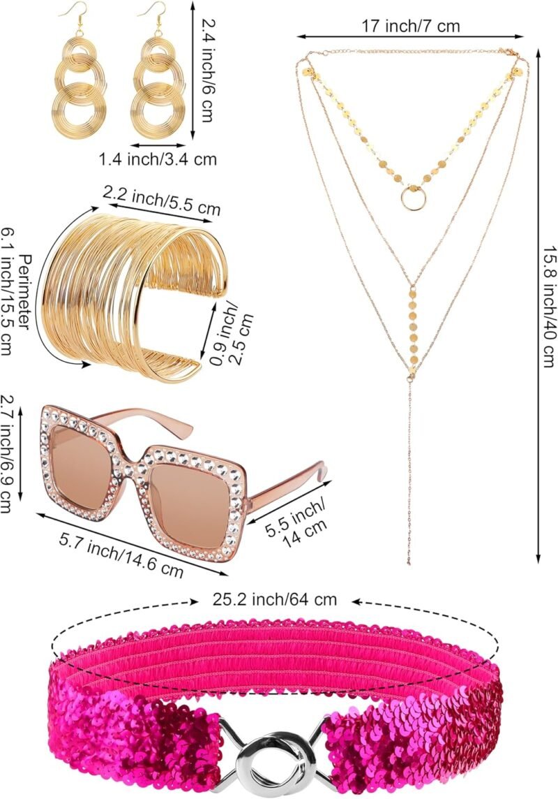 SOMSOC 70s Disco Jumpsuit Costumes Women Fashion Disco Accessories for Halloween Necklace Earrings Bracelet Glasses Belt - Image 3