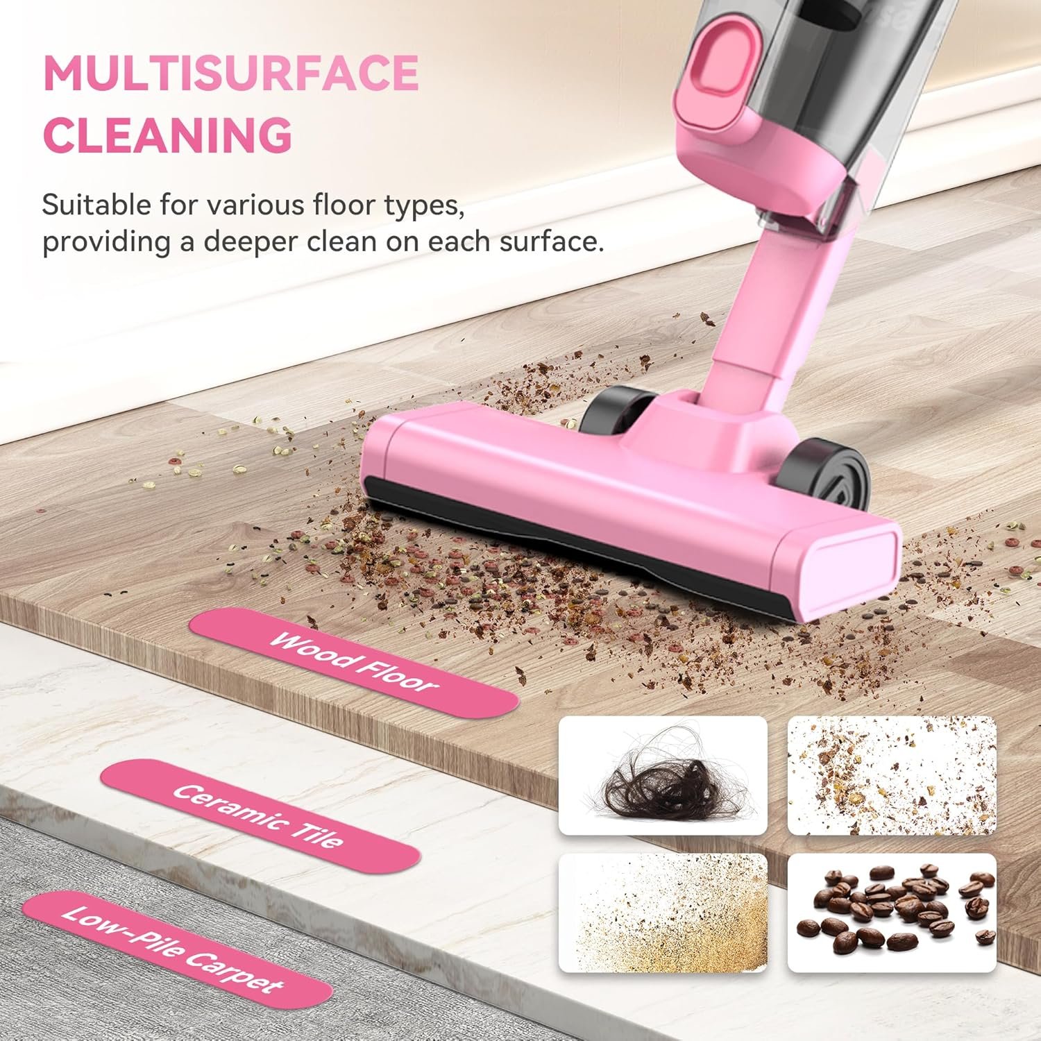 Vazone R6X Corded Stick Vacuum Cleaners for Home, 30000pa Powerful Suction Stick Vacuum with 16Ft Cord, 2 in 1 Lightweight Vacuum Cleaner for Hard Floor Pet Hair (Pink) - Image 3