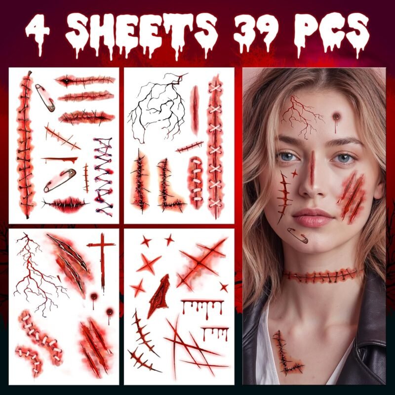 Cerlaza Halloween Decorations, Zombies Fake Scars Temporary Tattoos Halloween Makeup Kit, Horror Movie Large Scar Wound Tattoo Party Accessories, Scary Chucky Vampire Costumes for Adults Kids - Image 3