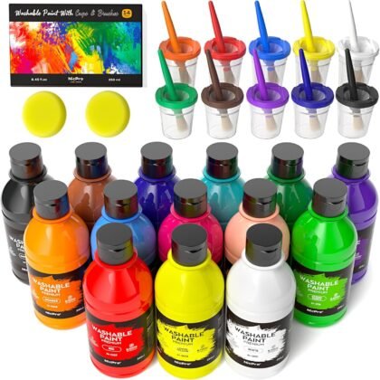 Nicpro 14 Colors Large Washable Paint for Kids 8.45oz/250ml, Non Toxic Children Tempera Finger Paints with Paint Brushes, Cups and Sponge for Art, Poster, School, Classroom, Craft DIY, Children