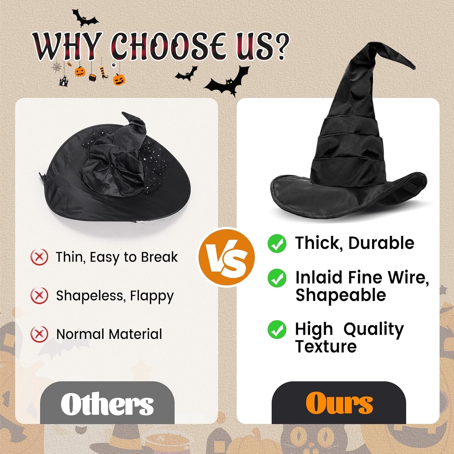 Ibeauti Women Halloween Witch Hat Long Ruched Black Witch Costume Hat Accessory - Image 3