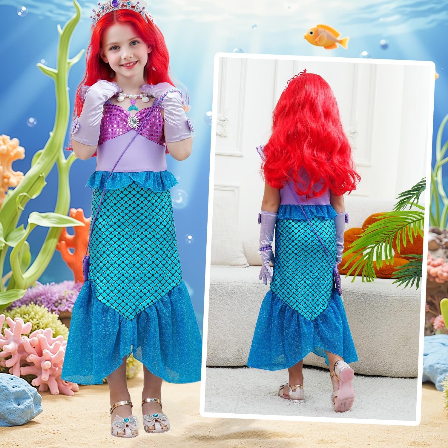 Girls Little Mermaid Costume Princess Dress Up Set with Wig Accessories for Halloween Cosplay Party 3-7 Years - Image 3