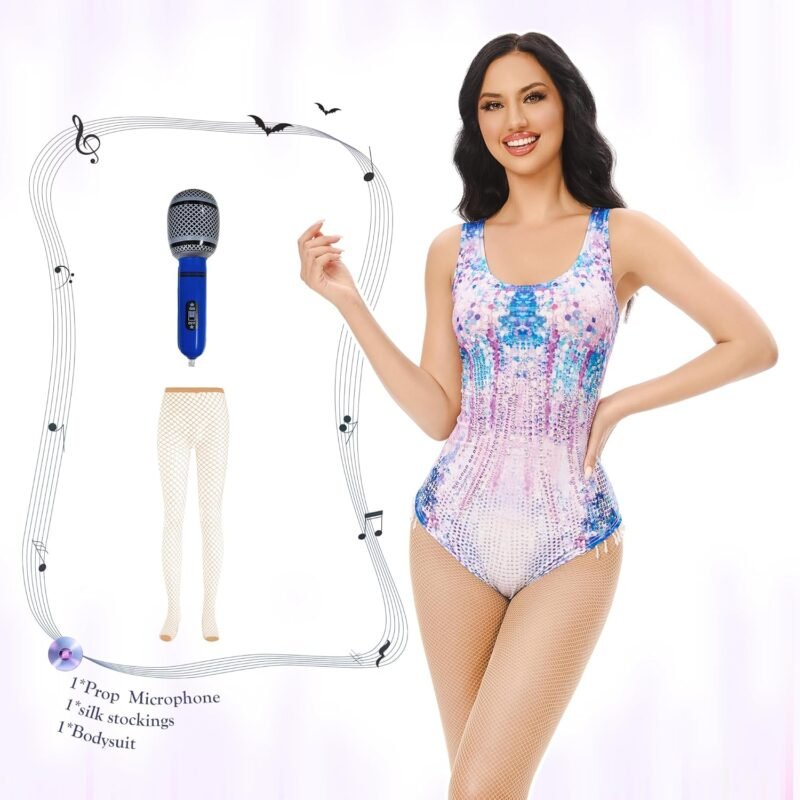 3 in 1 Pop Singer Lover Concert Bodysuit Sequin Leotard Swimsuit Sparkle Reputation Costumes Tour Outfit with Microphone Tights Waist Stockings Halloween Costume for Women XL - Image 3