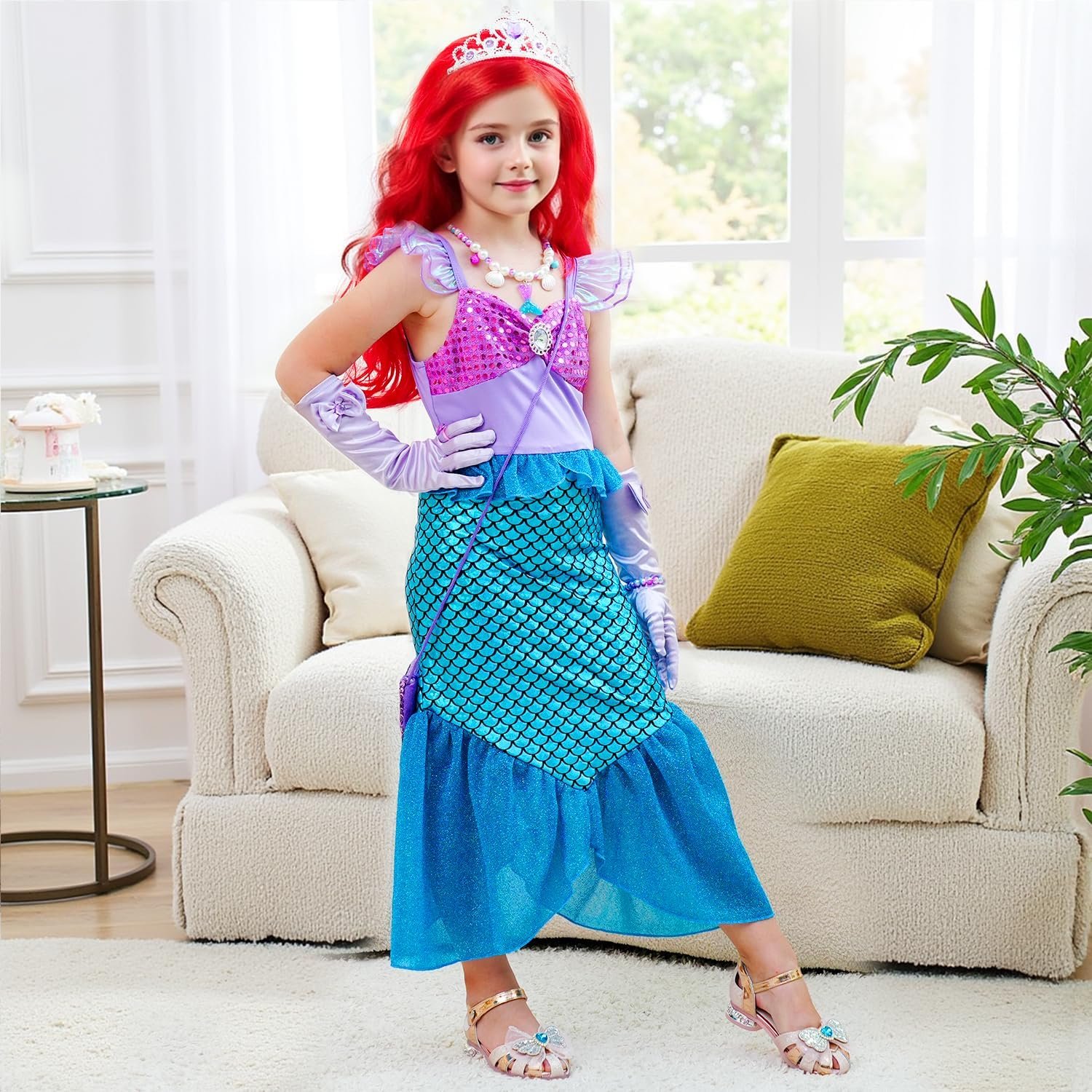 Girls Little Mermaid Costume Princess Dress Up Set with Wig Accessories for Halloween Cosplay Party 3-7 Years - Image 6