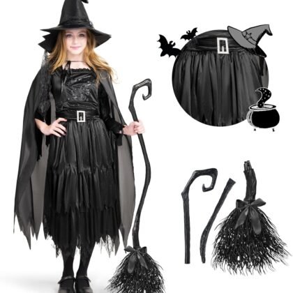 Spooktacular Creations Classic Kids Witch Costume, Toddler Gothic Sorceress Black Witch Dress with Broom and Hat for Girls Halloween Themed Parties, M
