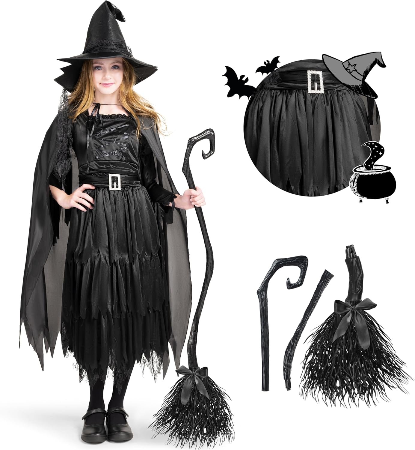 Spooktacular Creations Classic Kids Witch Costume, Toddler Gothic Sorceress Black Witch Dress with Broom and Hat for Girls Halloween Themed Parties, M