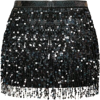 MYMORE Womens Sparkly Sequin Fringe Skirt - Black Rave Concert Disco Space Cowgirl Outfit Glitter Tassel Mini Skirts