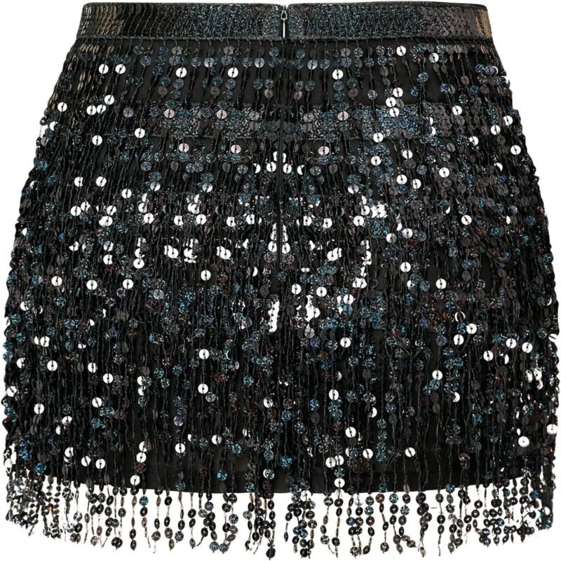 MYMORE Womens Sparkly Sequin Fringe Skirt - Black Rave Concert Disco Space Cowgirl Outfit Glitter Tassel Mini Skirts