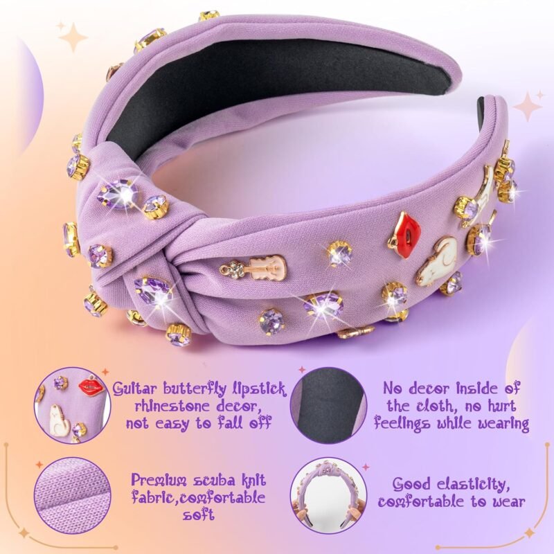 PANTIDE Music Jeweled Knotted Headband - Singer Fans Gift Guitar Red Lip Rhinestone Crystal Embellished Headband Wide Top Knot Fashion Hairband Birthday Back To School Gift for Women Girls (Purple) - Image 3