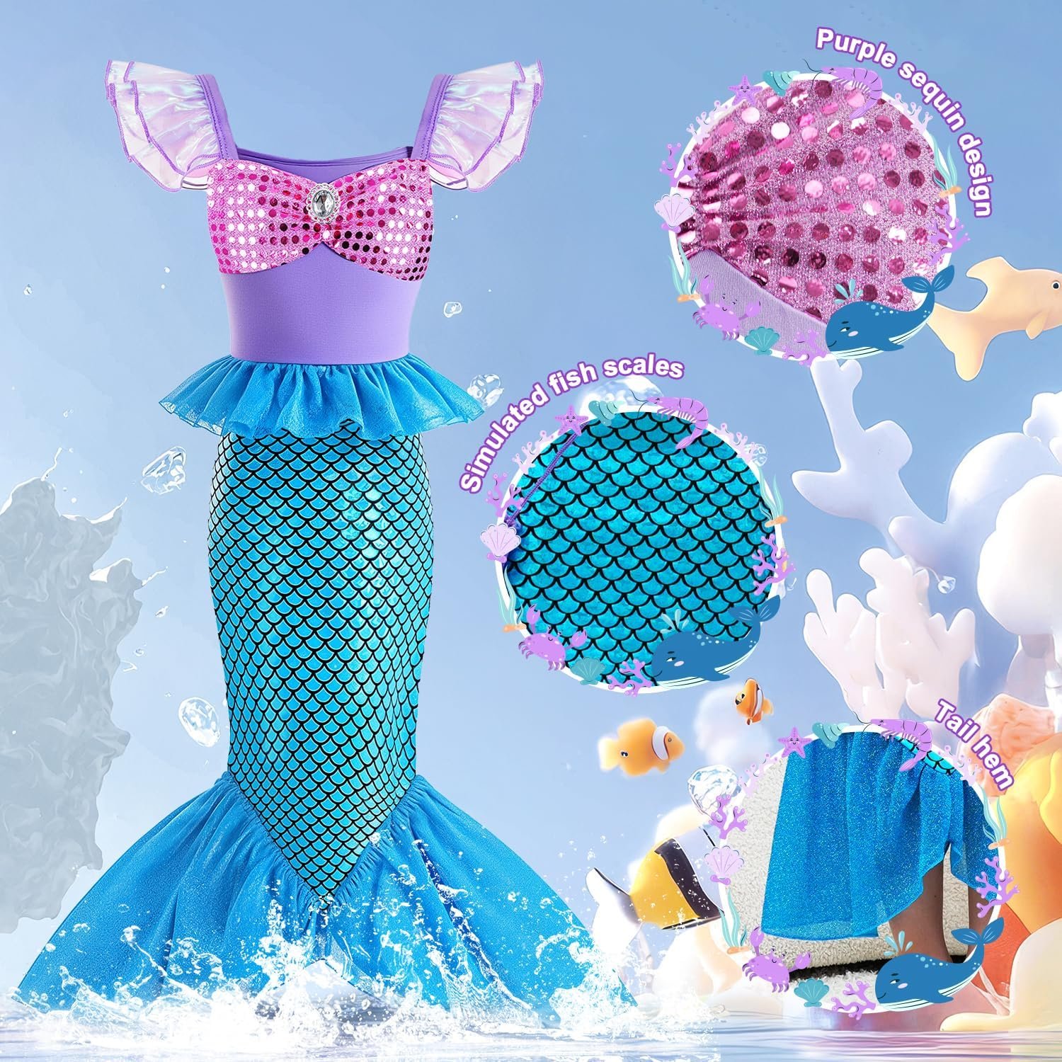 Girls Little Mermaid Costume Princess Dress Up Set with Wig Accessories for Halloween Cosplay Party 3-7 Years - Image 5