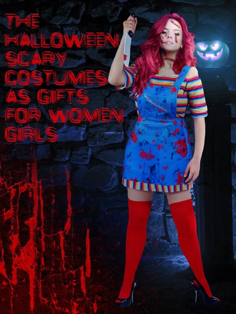 Xtinmee 5 Pcs Women Halloween Nightmare Killer Doll Deluxe Costume Rainbow Stripe Nice Guy Cosplay Movie Character Outfit - Image 5