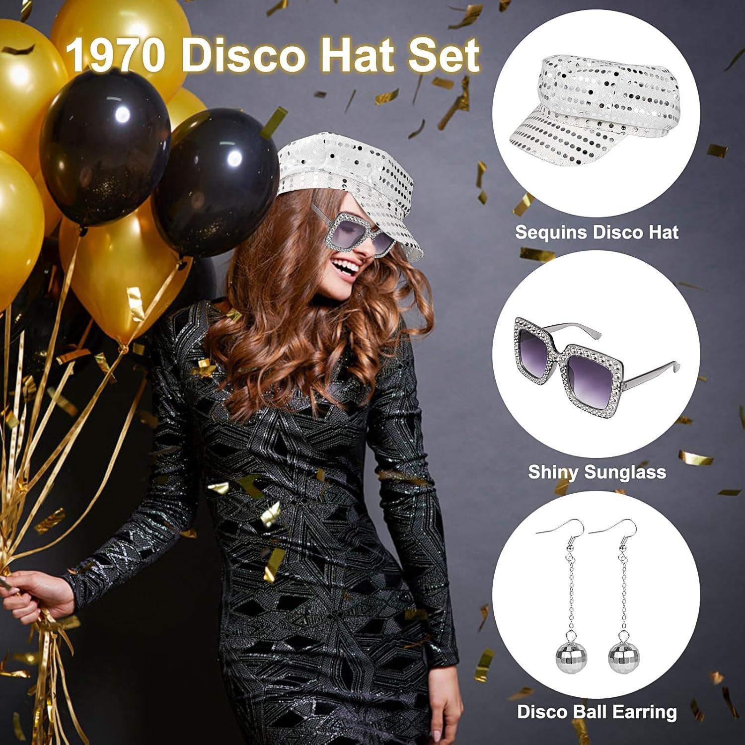 XEPST 4 PCS 70s Disco Costume Accessories Set with Sequin Hat Silver Earrings Sunglasses Necklace Disco Fancy Dress Kit for Women Retro 70 80 Theme Party Birthday Dance - Image 3