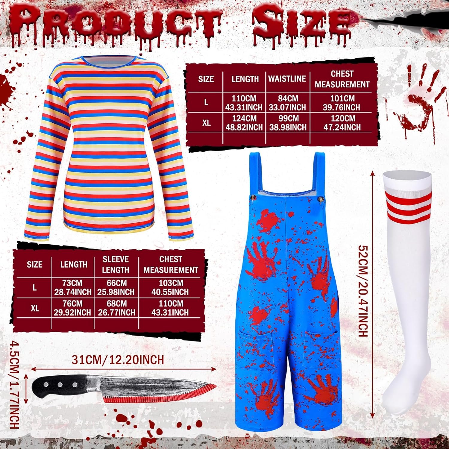 Jiuguva 4 Pcs Women Halloween Nightmare Killer Doll Costume Rainbow Stripe Shirt Outfit Thigh High Sock Plastic Knife - Image 3