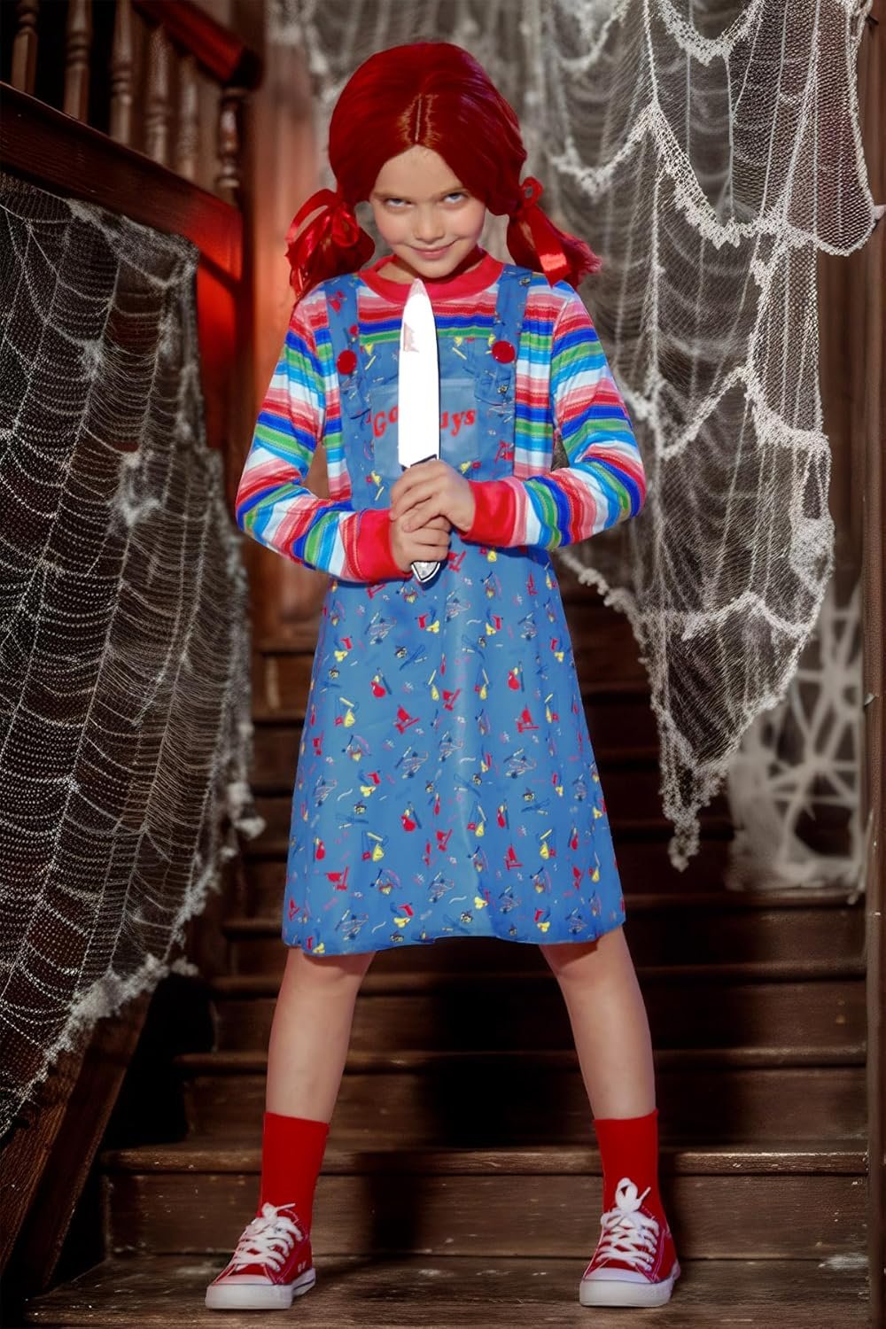 BesserBay Girl's 4PCS Halloween Costume Set Horror Killer Dress Up Mock Two-Piece 2-12 Years - Image 3