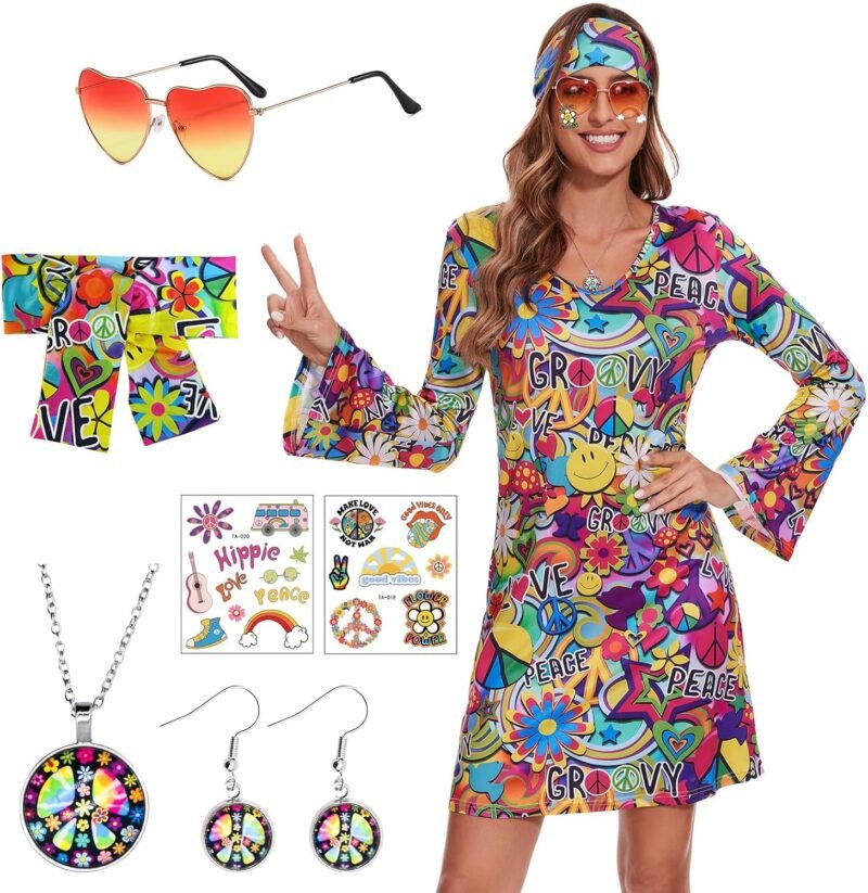 ATAMET 70's Women Costumes Hippie Dress, 1970s Outfits Accessories Set, 60s 70s Disco Prom Dress, Carnival Halloween Costumes
