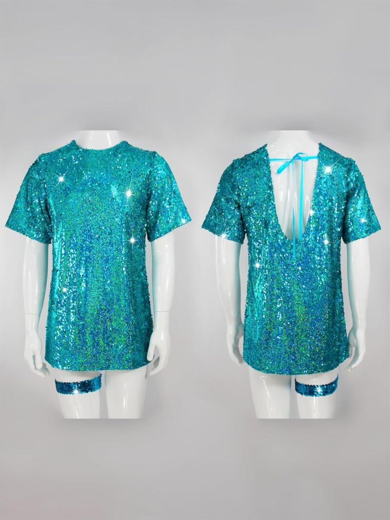 Sequin T-Shirt Dress Sparkly Casual Short Sleeve Party Club Outfit Costume - Image 2