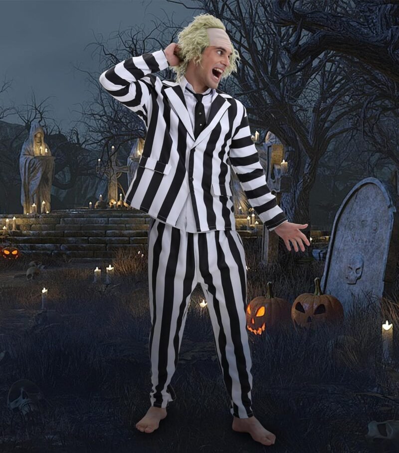 Men's Black & White Striped Halloween Costume Set – Jacket, Pants & Tie – Classic Movie-Inspired Cosplay Outfit - Image 6