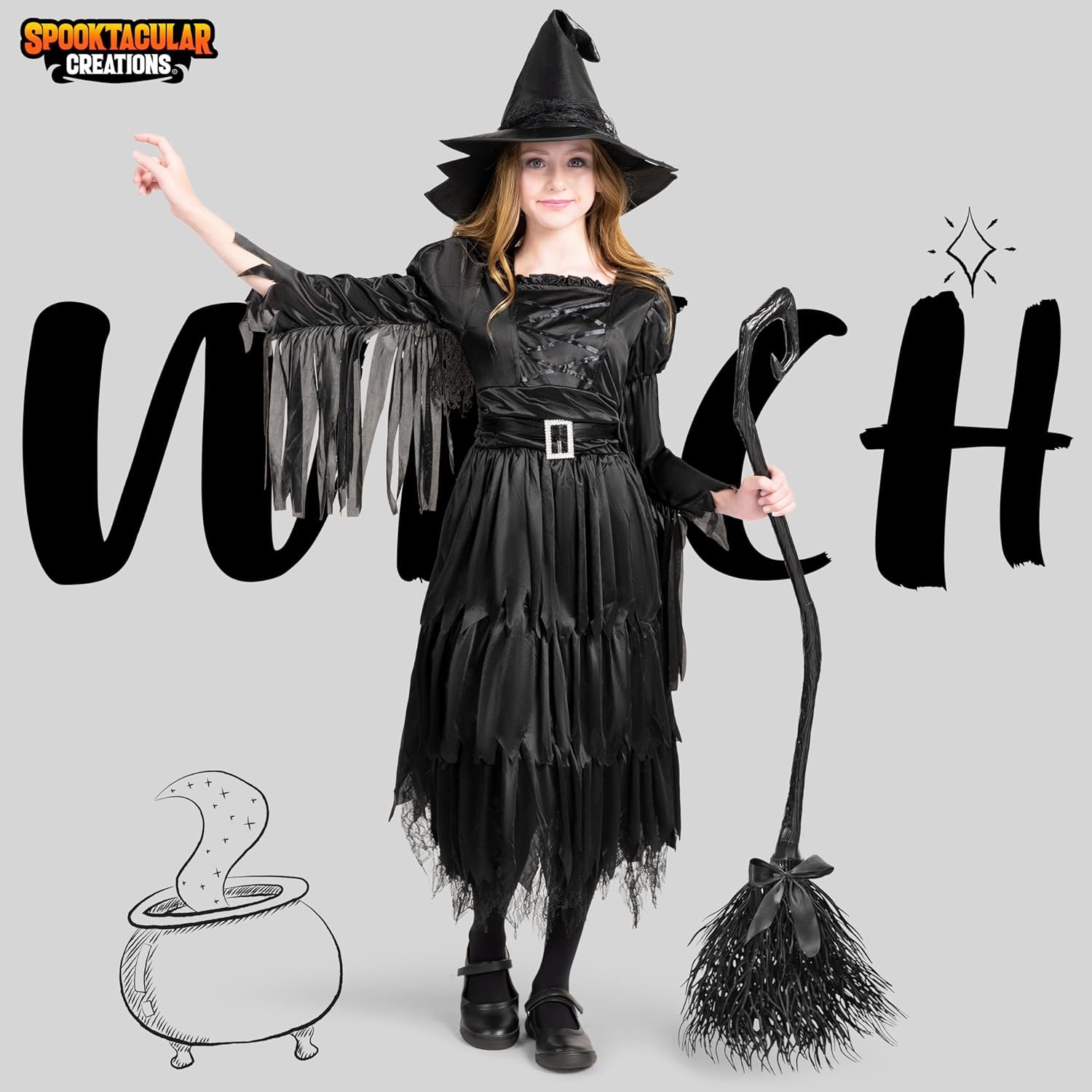 Spooktacular Creations Classic Kids Witch Costume, Toddler Gothic Sorceress Black Witch Dress with Broom and Hat for Girls Halloween Themed Parties, M - Image 2