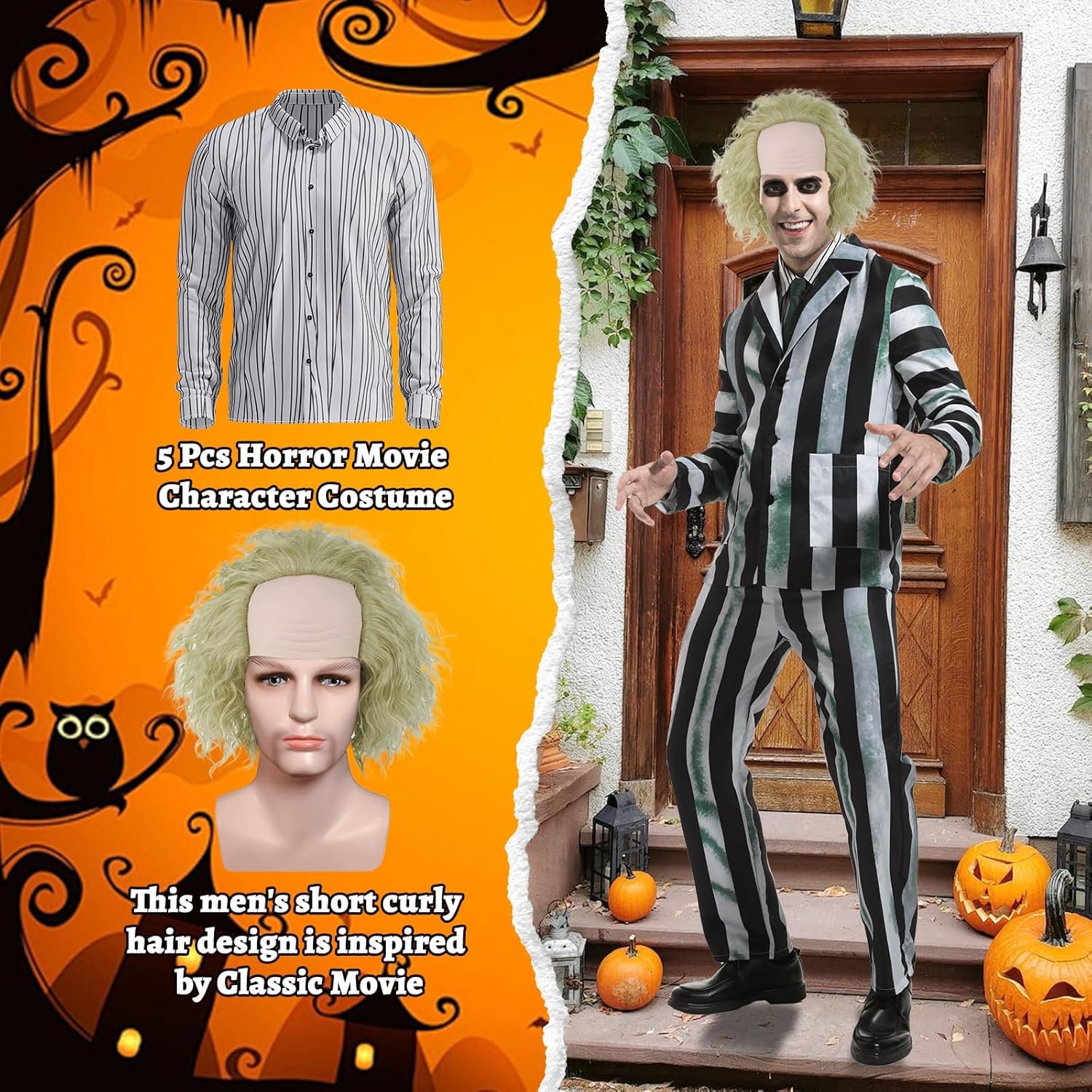 Adult Men Costume Black and White Striped Suit with Wig for Halloween Cosplay Party Outfit Horror Movie Character - Image 4