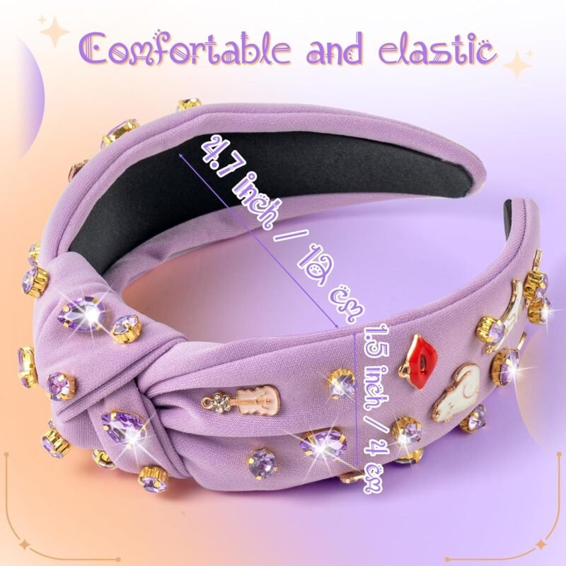 PANTIDE Music Jeweled Knotted Headband - Singer Fans Gift Guitar Red Lip Rhinestone Crystal Embellished Headband Wide Top Knot Fashion Hairband Birthday Back To School Gift for Women Girls (Purple) - Image 2
