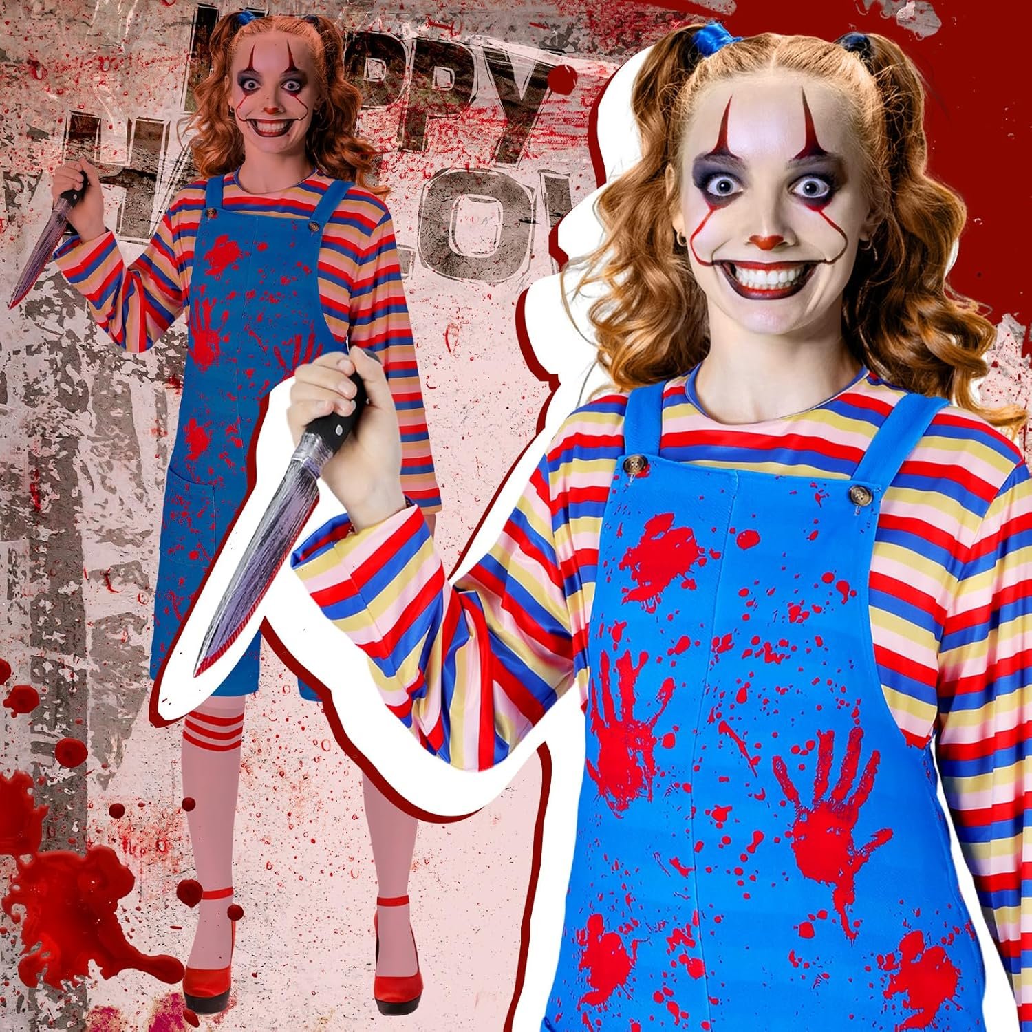 Jiuguva 4 Pcs Women Halloween Nightmare Killer Doll Costume Rainbow Stripe Shirt Outfit Thigh High Sock Plastic Knife - Image 2