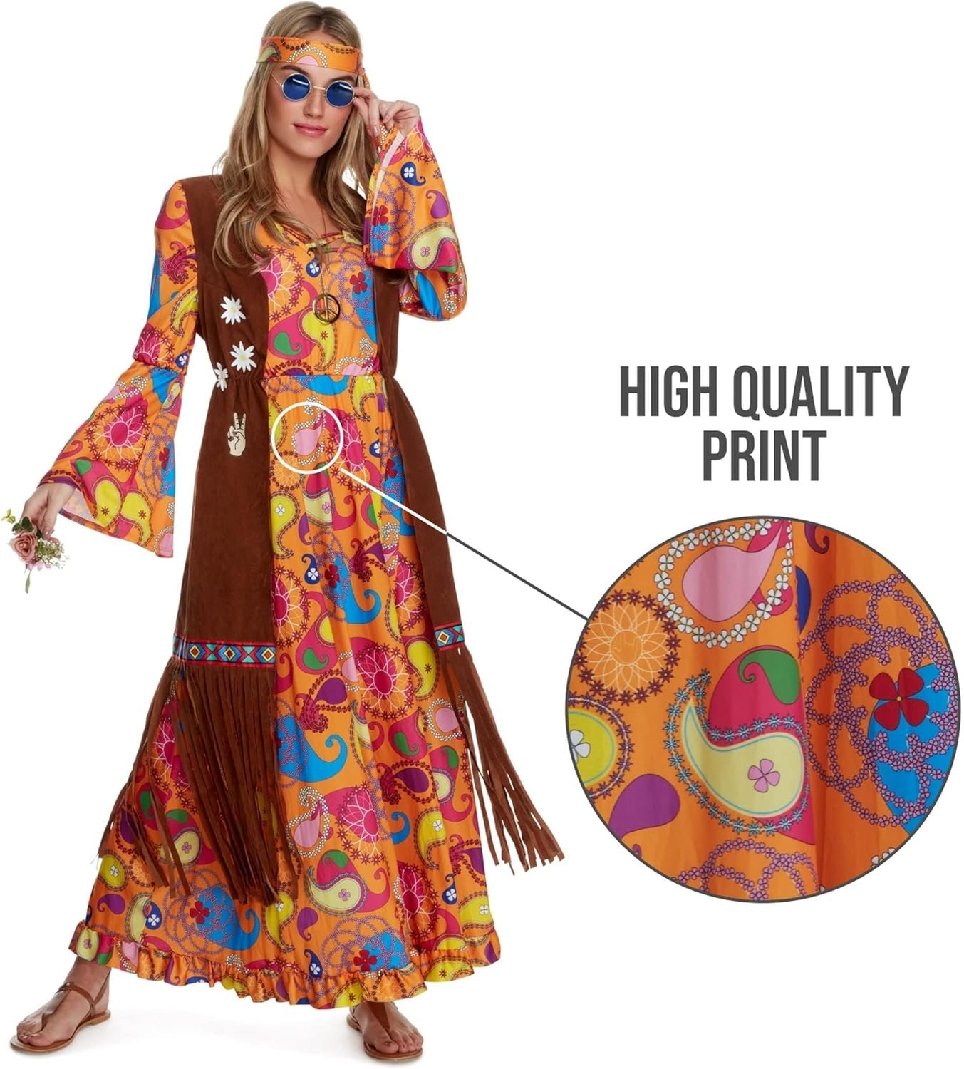 Morph Hippie Costume Women, 70s Costume For Women, 70s Long Dress, Womens 60s Halloween Costumes, Womens Halloween Costumes - Image 3