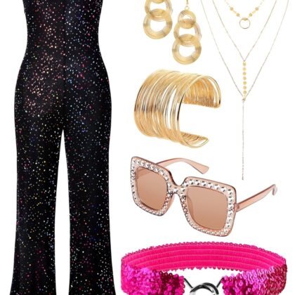 SOMSOC 70s Disco Jumpsuit Costumes Women Fashion Disco Accessories for Halloween Necklace Earrings Bracelet Glasses Belt