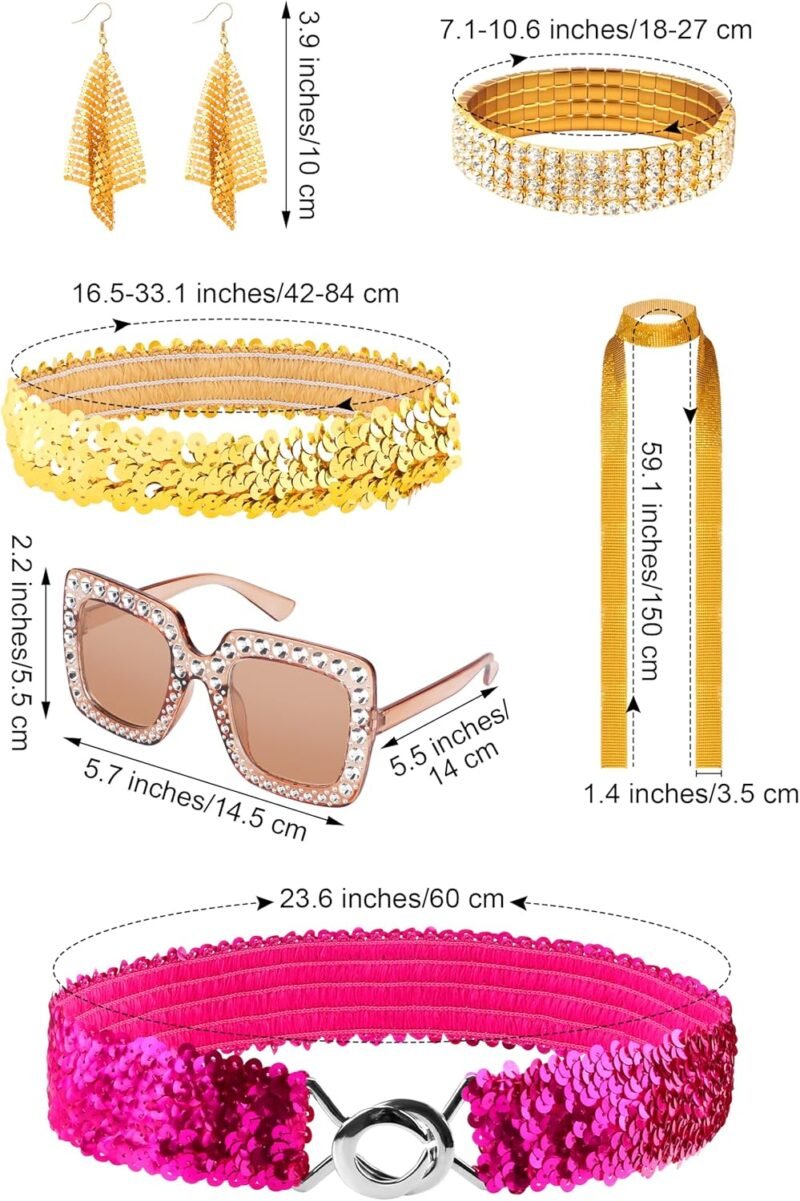 SOMSOC 70s Women Disco Fashion Jumpsuit Costume Accessories Set with Scarf Earrings Bracelet Glasses Belt for Halloween - Image 3