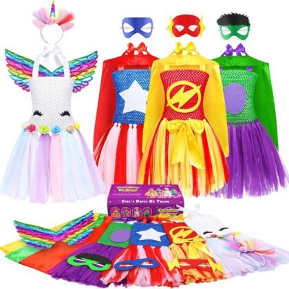 Girls Dress up Trunk Girl Pretend Play Costumes,12pcs Role Play Set with Supergirl Hero Costumes for Toddler Little Girl's Ages 3 4 5 6 Years
