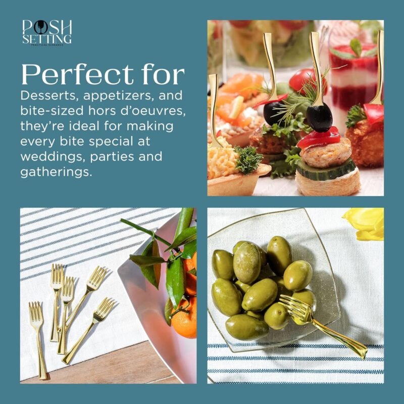 Posh Setting - Plastic Mini Gold Forks, Gold Mini Forks, Gold Plastic Mini Dessert Forks, Disposable Tiny Gold Forks, 4 inch Gold Plastic Forks, Taster Forks, Small Forks, Appetizer Forks (80 Pack) - Image 5