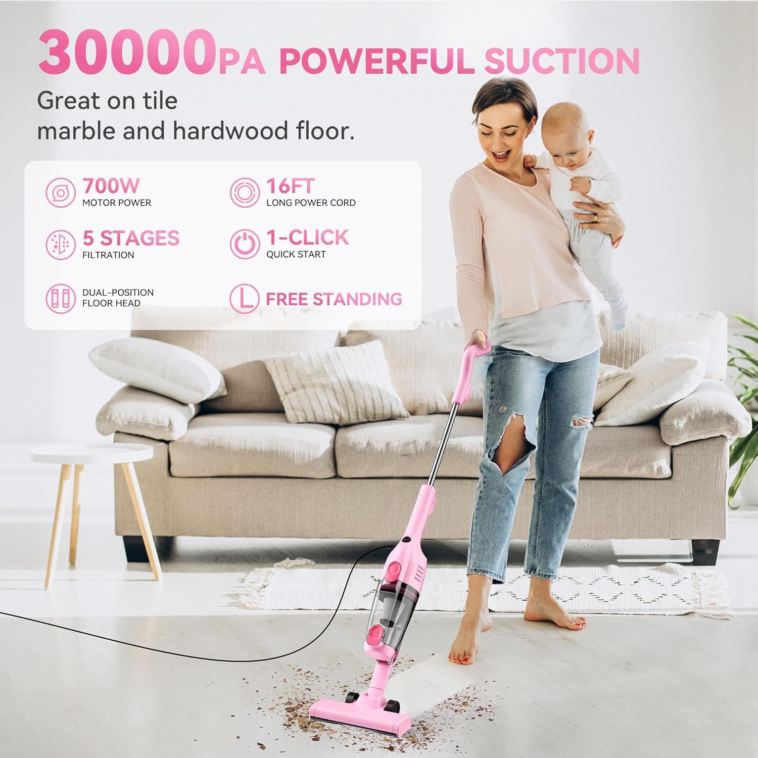 Vazone R6X Corded Stick Vacuum Cleaners for Home, 30000pa Powerful Suction Stick Vacuum with 16Ft Cord, 2 in 1 Lightweight Vacuum Cleaner for Hard Floor Pet Hair (Pink) - Image 2