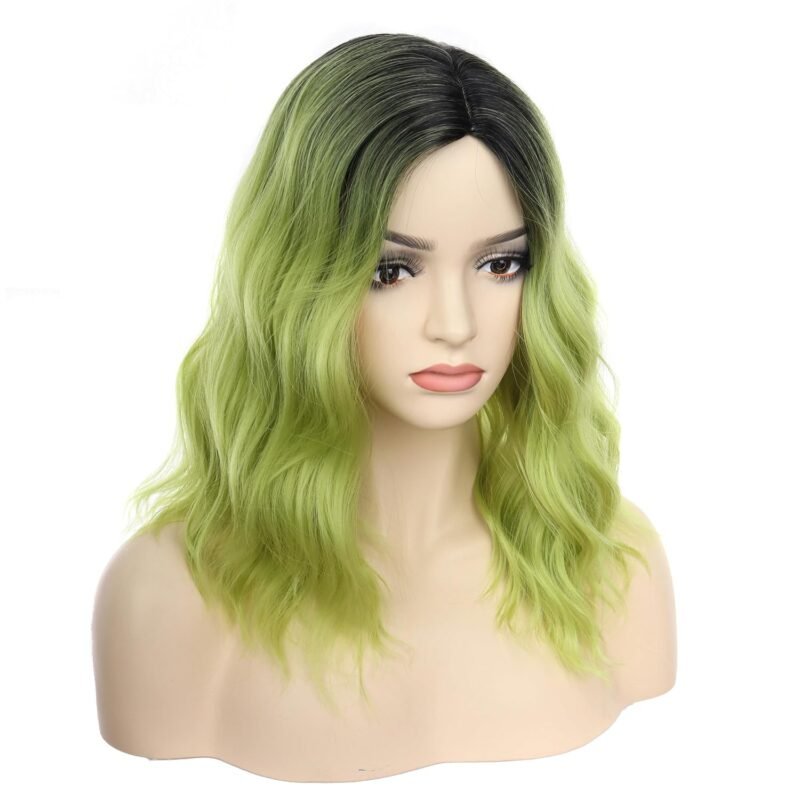 Ombre Green Wig Short Curly Bob Wig for Women Girls Matcha Green Wigs Beach Wave Hair Wigs 14 Inches | Compatible with Beetlejuice Costume, Gothic Cosplay Halloween Party Costume Accessories - Image 3