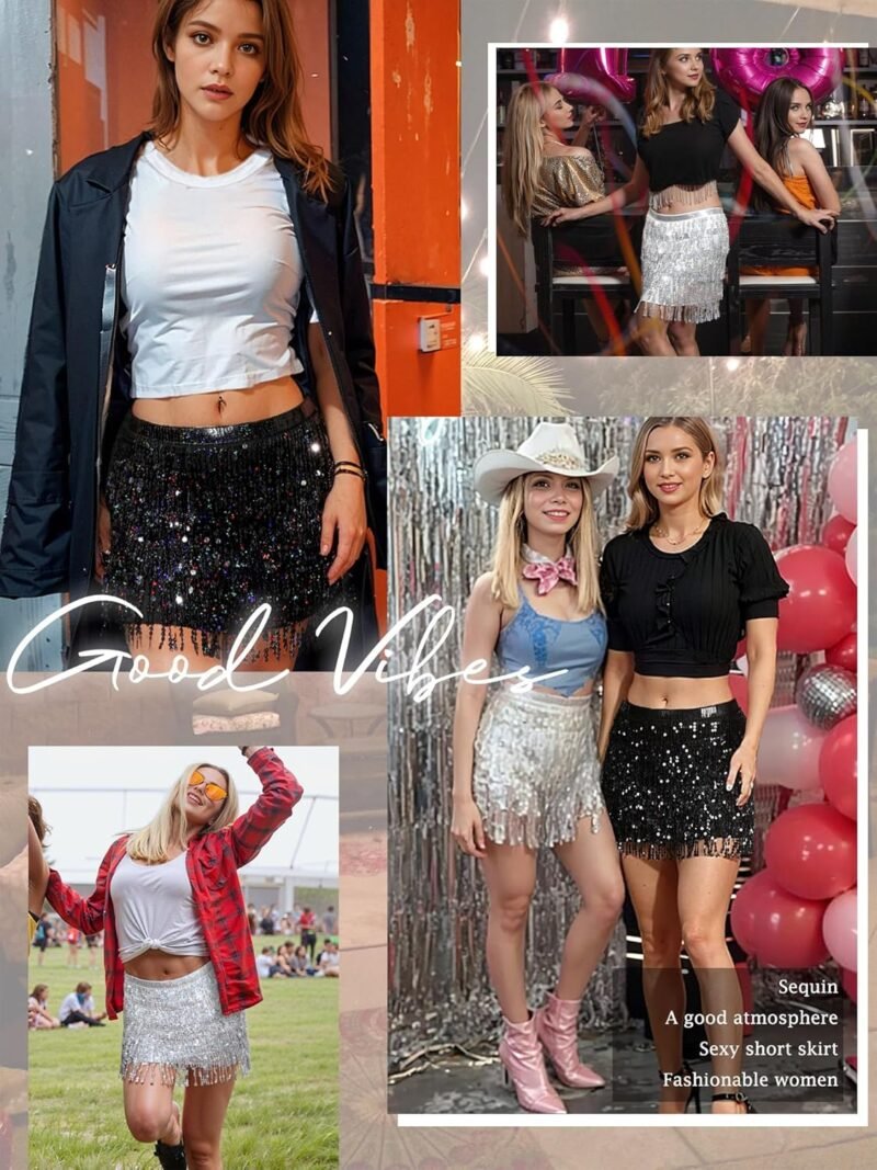 MYMORE Womens Sparkly Sequin Fringe Skirt - Black Rave Concert Disco Space Cowgirl Outfit Glitter Tassel Mini Skirts - Image 4