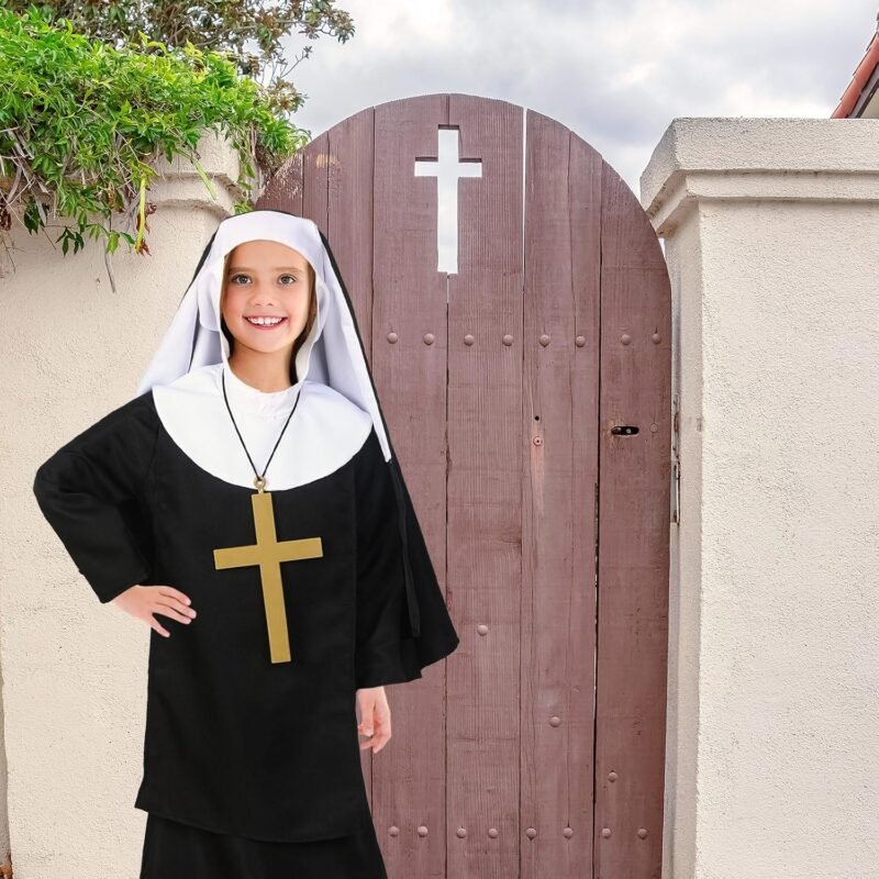 Mepase 3 Pcs Girls Nun Costume Set with Cross Necklace Halloween Nun Costume for Kids Horror Catholic Sister Robe Costumes - Image 4