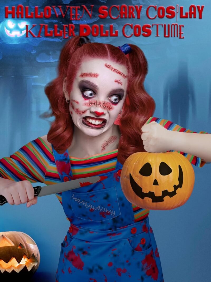 Xtinmee 5 Pcs Women Halloween Nightmare Killer Doll Deluxe Costume Rainbow Stripe Nice Guy Cosplay Movie Character Outfit - Image 4