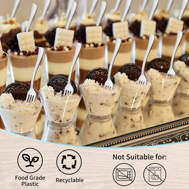 Mini Silver Forks 4 Inch (100-Count) Disposable Plastic Appetizer Fork for Cocktail Hors D'oeuvres, Dessert Cups, Charcuterie Board, Wedding Reception - Image 5