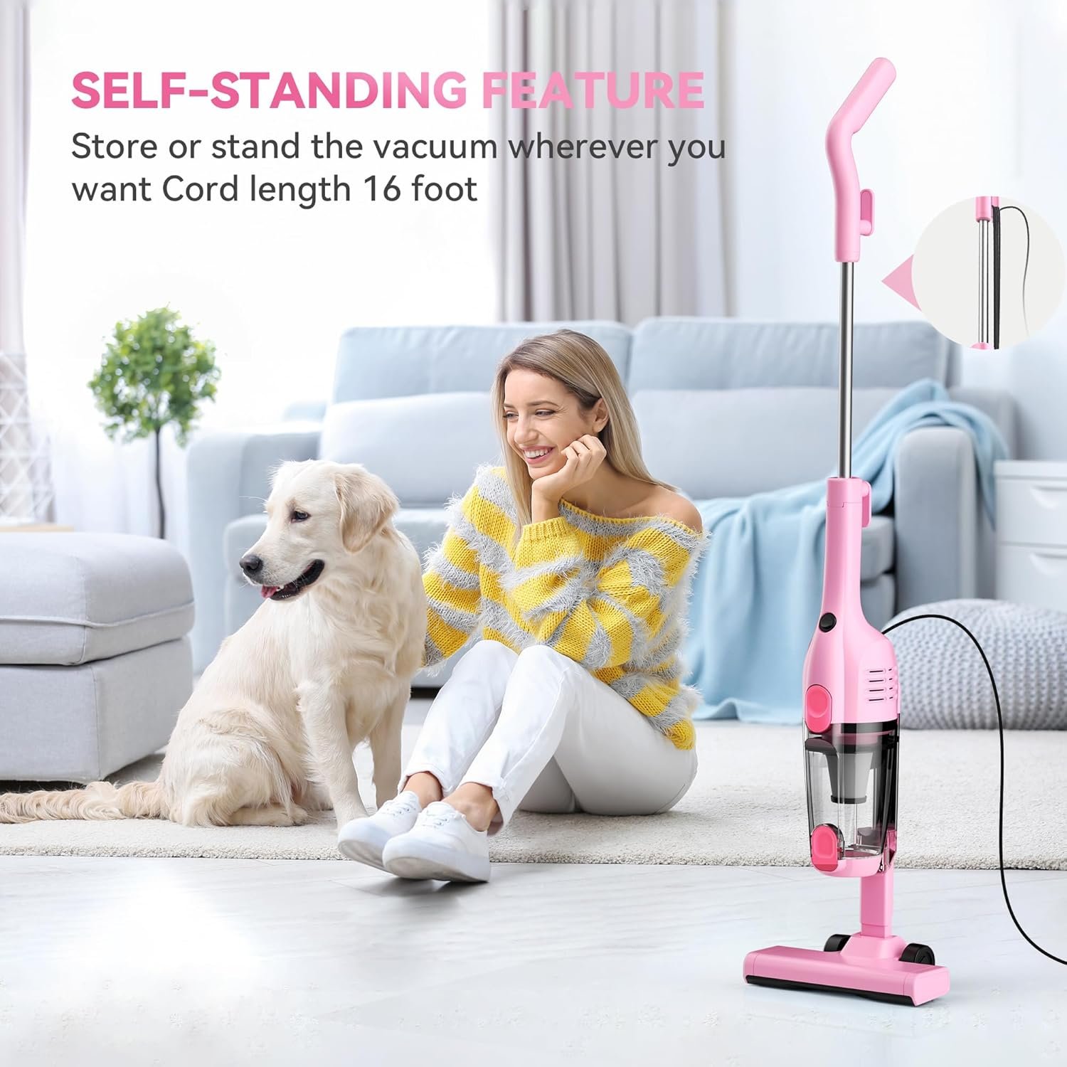 Vazone R6X Corded Stick Vacuum Cleaners for Home, 30000pa Powerful Suction Stick Vacuum with 16Ft Cord, 2 in 1 Lightweight Vacuum Cleaner for Hard Floor Pet Hair (Pink) - Image 9