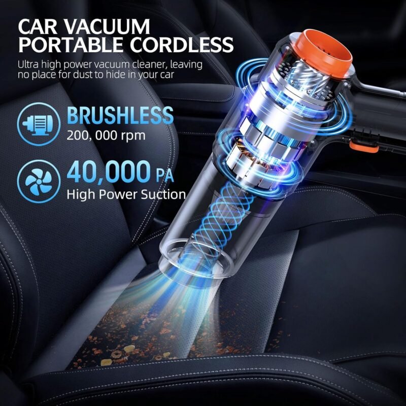 Car Vacuum Portable Cordless, 40,000Pa High Power Dust Buster, 6-in-1 Handheld Vacuum Cleaners for Home, Car, Pet Hair, Keyboard, Black - Image 2