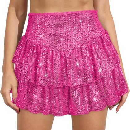 Women Sequin Skirt Sparkly Cute High Waist Ruffle Flowy Shiny Glitter Mini Short Skirts Night Out Club Party