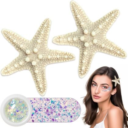 2 Pcs Starfish Hair Clip with Face Glitter Body Glitter, Mermaid Hair Clips Accessories for Women and Girls, 2 in 1 Accessory Sets for Mermaid Halloween Beach Costume