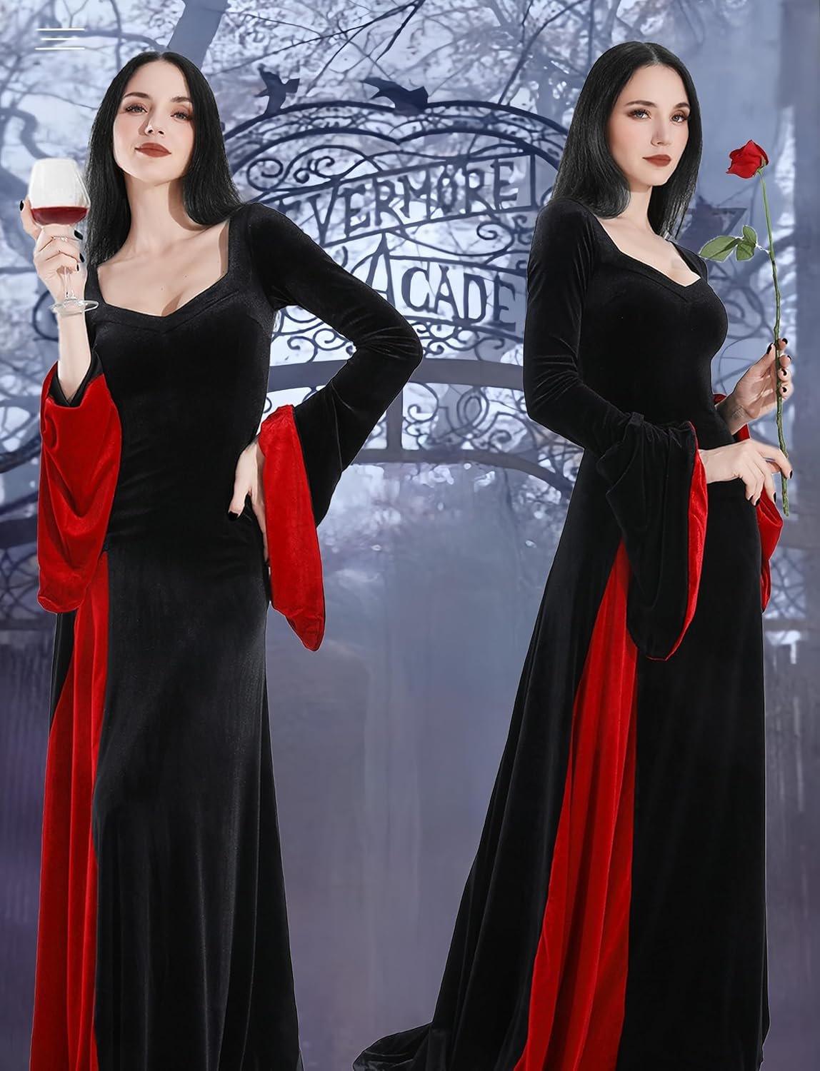QRT Morticia Addams Costume, Women Velvet Maxi Dress,Vintage Gothic Witch Long Dress Halloween Family Cosplay Cocktail Party - Image 6
