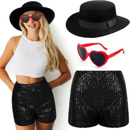 Riceshoot 3 Pcs Halloween Singer Costume Black Bowler Hat Heart Sunglasses Shorts for Costume Party Music Festival Concert