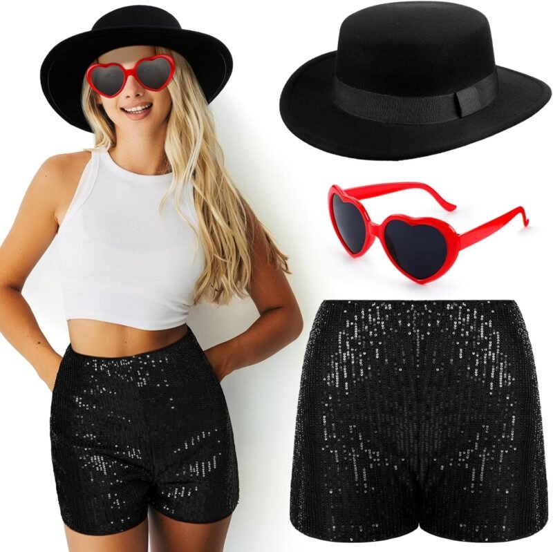 Riceshoot 3 Pcs Halloween Singer Costume Black Bowler Hat Heart Sunglasses Shorts for Costume Party Music Festival Concert