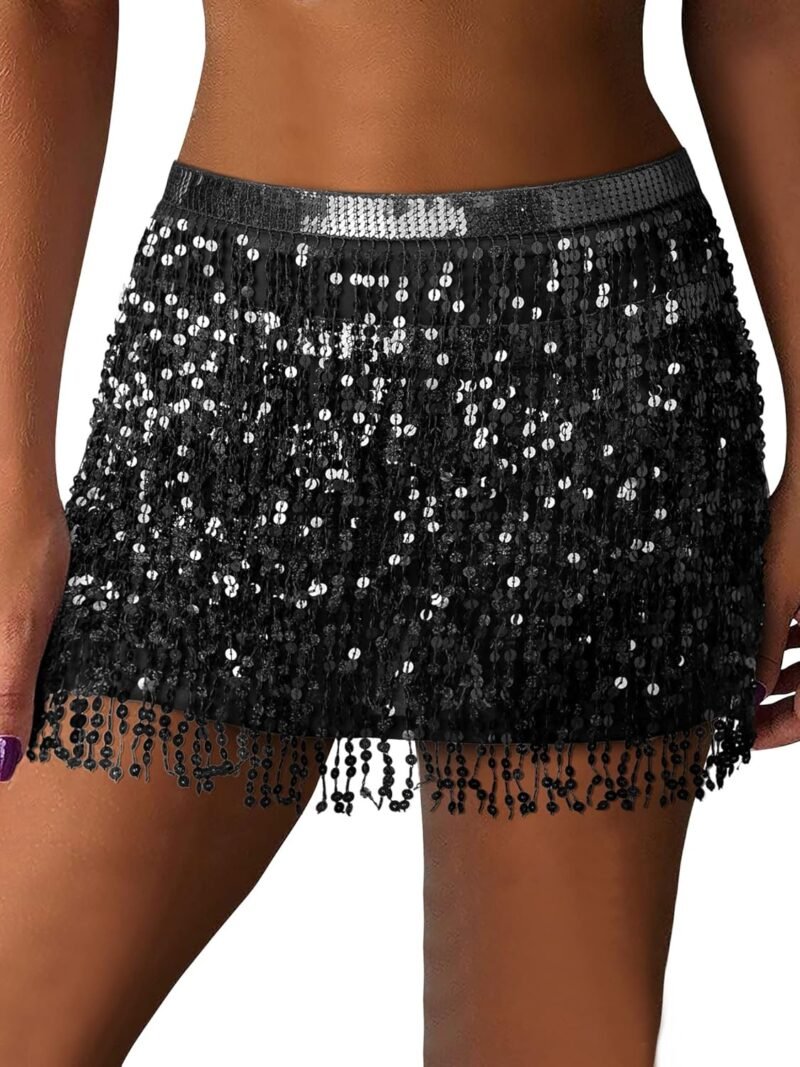 MYMORE Womens Sparkly Sequin Fringe Skirt - Black Rave Concert Disco Space Cowgirl Outfit Glitter Tassel Mini Skirts - Image 2