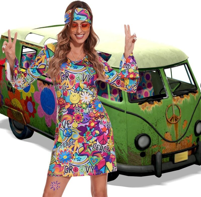 ATAMET 70's Women Costumes Hippie Dress, 1970s Outfits Accessories Set, 60s 70s Disco Prom Dress, Carnival Halloween Costumes - Image 5